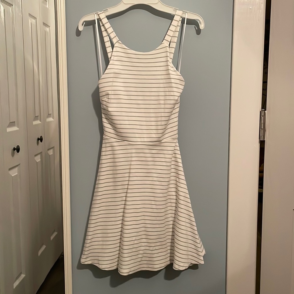 Lulus striped high neck, tie back skater dress size small